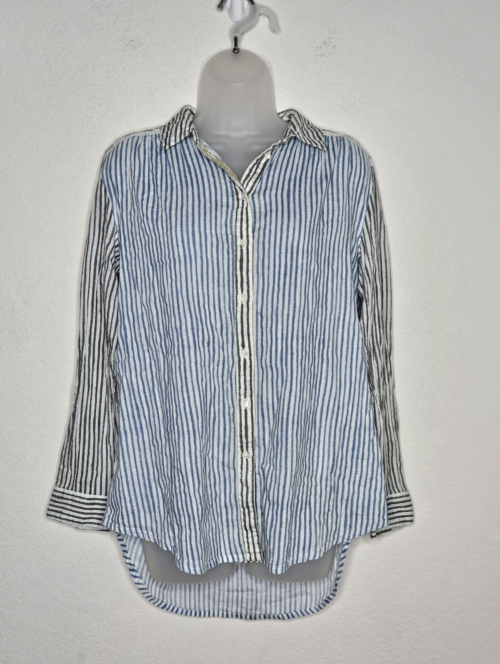 Sundance Striped Button Down Shirt Blue Green White Cotton Gauze Coastal Small